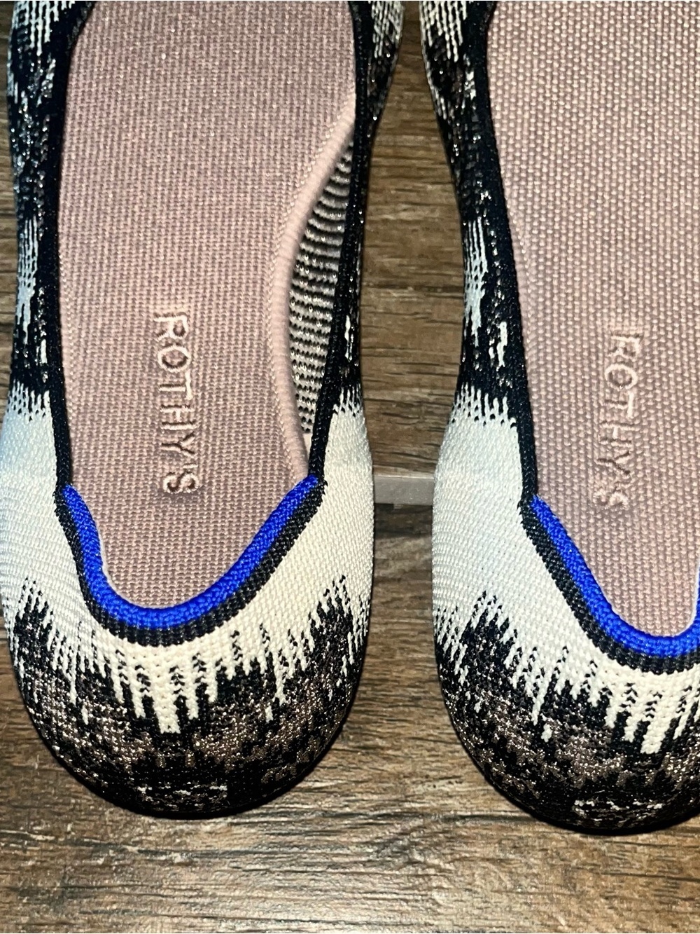 Rothy's Black & Cream Floral Knit Ballet Flats with Pink Insole and Blue Trim - Picture 3 of 5